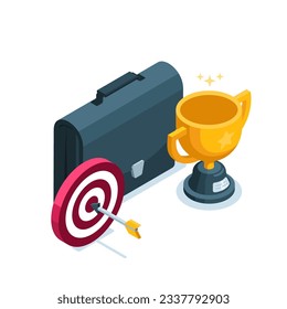 isometric icon of briefcase and target with goblet in color on white background, victory or success in business