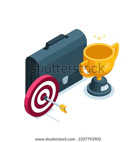 isometric icon of briefcase and target with goblet in color on white background, victory or success in business