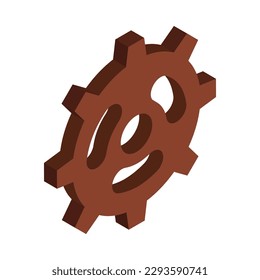 Icono isométrico del engranaje marrón en la ilustración del vector de fondo blanco