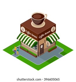 Isometric icon building coffee shop isolated on white background. 3d icons of building cafe.  Vector illustration.