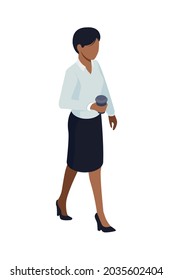 Isometric icon with businesswoman walking with paper cup of coffee vector illustration