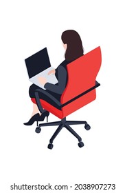 Isometric icon with businesswoman working on laptop on red office chair back view 3d vector illustration