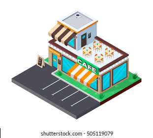 Isometric icon of Cafe building with parking. 