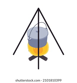 Isometrisches Symbol mit Campingpfanne auf Feuer 3D Vektorgrafik