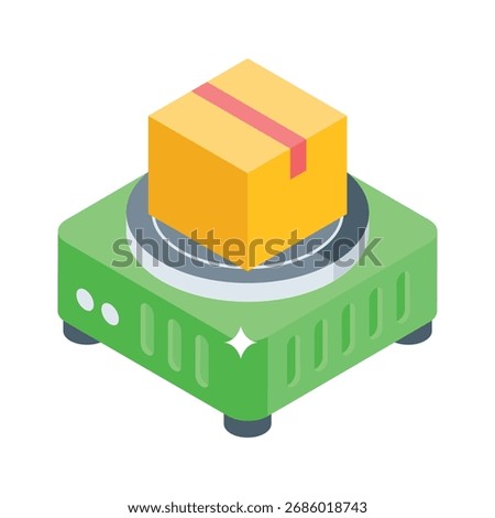 An isometric icon of a cardboard box positioned on a weighing machine.