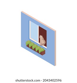 Isometric icon with cat sitting on window 3d vector illustration