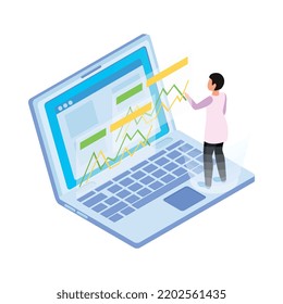Isometric icon with character carrying out science research on computer 3d vector illustration