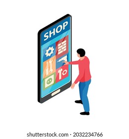 Isometric icon with character doing online shopping on smartphone 3d vector illustration