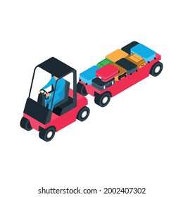 Isometric Icon With Character Driving Airport Luggage Car 3d Vector Illustration