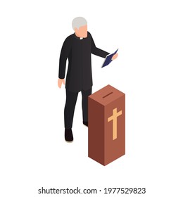 Isometric icon with character of elderly catholic priest vector illustration