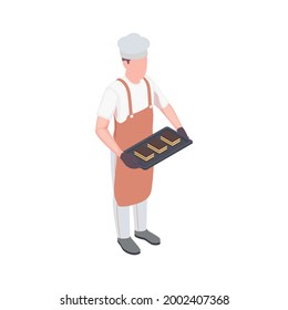 Isometric icon with character of male chef holding tray with cakes 3d vector illustration