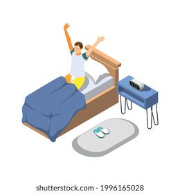 Isometric icon with character waking up in his bedroom 3d vector illustration
