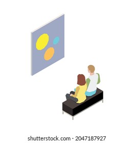 Isometric icon with characters of art gallery visitors on white background isolated vector illustration