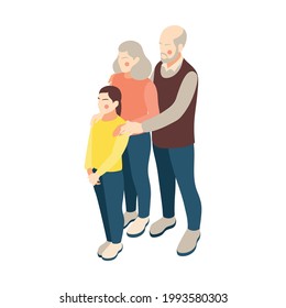Isometric icon with characters of grandparents and granddaughter on white background 3d vector illustration