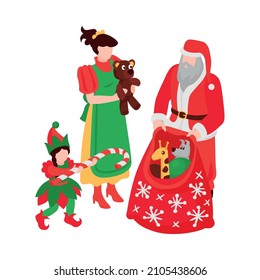 Isometric icon with characters of santa claus elf woman holding bag with toys and candy cane 3d vector illustration