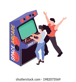 Isometric icon with cheerful teens playing space arcade game on retro machine vector illustration