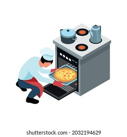 Isometric icon with chef in uniform putting baking pan with pizza into oven vector illustration