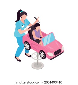 Isometric icon of child hairdresser and little client in chair in shape of pink car vector illustration
