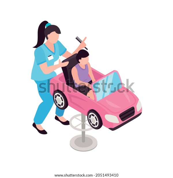 Isometric icon of child\
hairdresser and little client in chair in shape of pink car vector\
illustration
