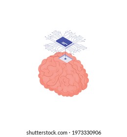 Isometric icon with chip installation into human brain vector illustration