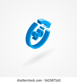 Isometric icon of circle made out of arrow with 90 text inside. Isolated on white.