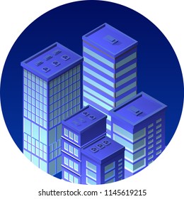 Isometric icon of a city with houses streets of skyscrapers. Vector illustration for web design.