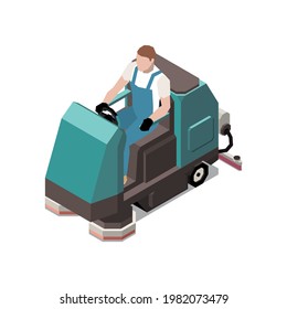 Isometric icon with cleaner character in professional floor cleaning machine 3d vector illustration