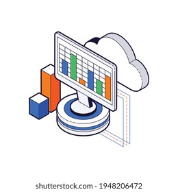 Isometric icon of cloud storage and computer monitor 3d vector illustration
