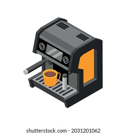 Isometric icon with coffee machine and cup of hot drink 3d vector illustration