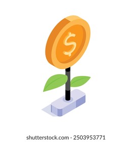 Isometric icon of a coin plant symbolizing financial growth, investment, and economic prosperity.