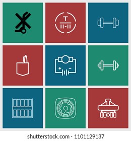 Isometric icon. collection of 9 isometric outline icons such as office room, electricity, barbell, cargo terminal. editable isometric icons for web and mobile.