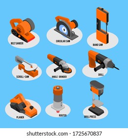 isometric icon collection of electric hand tools. Set the main tools for wood, metal, acrylic.