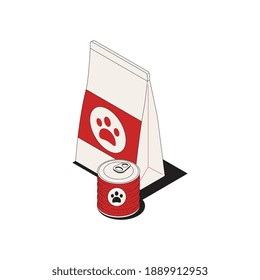 Isometric icon with colored tin and packet of cat food 3d vector illustration