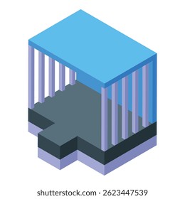 Isometric icon of a construction site foundation being built with metal beams supporting a roof