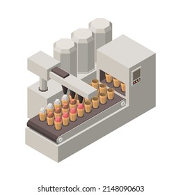 Isometrisches Symbol mit automatischer Förderlinie für die Herstellung von eisbefüllenden Waffelbecher 3D-Vektorgrafik-Vektorgrafik