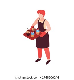 Isometric icon of cook holding tray with homemade cupcakes 3d vector illustration