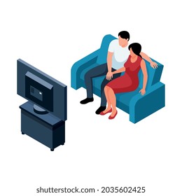 Icono isométrico con la televisión de pareja mirando en la sala de estar Ilustración vectorial 3d