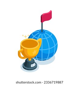 isometric icon of cup and flag near globe on white background, world cup or competition