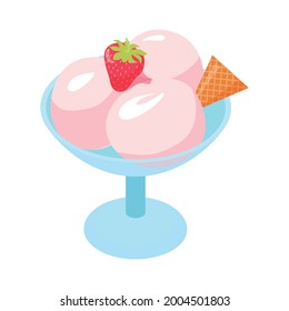 Isometric icon with cup of ice cream with fresh strawberry and small waffle cone vector illustration