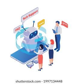 Isometric icon with customers asking questions to technical support chatbot 3d vector illustration