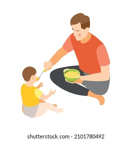 Isometric Icon With Dad Spoon Feeding Child With Puree 3d Vector Illustration