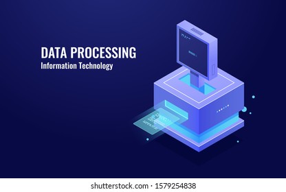 Isometric icon of dada processing and encryption, online document flow, digital signature and contract concept, dark neon vector