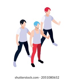 Icono isométrico con grupo de danza de tres jóvenes con ilustración vectorial de cabello brillante