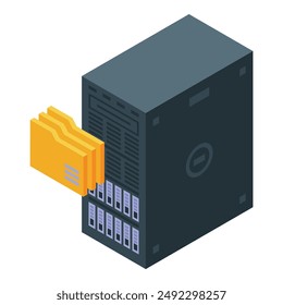 Isometric icon of a data server storing folders, representing data processing and storage