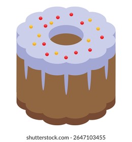 Isometric icon of a delicious bundt cake covered with icing and sprinkles, perfect for a birthday party