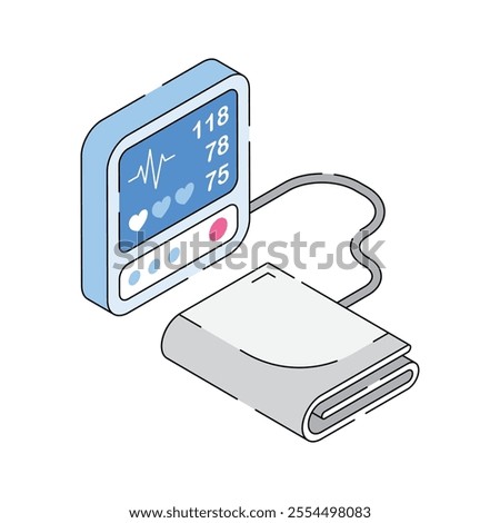Isometric icon of digital blood pressure monitor for health diagnostics