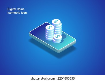 Isometric Icon Digital Coins Cryptocurrency With Mobile Banner Background Design Concept. Metaverse Elements With Gradient. Illustration For Poster, Web, Cover, Ad, Card, Presentation 