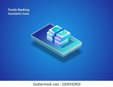 Isometric Icon Digital Funds Banking With Mobile Dynamic Style Banner Background Design Concept. Blue Sky Metaverse Elements With Gradient. Creative Illustration