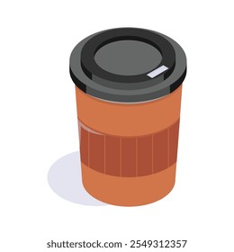 Isometric icon of disposable coffee cup for hot beverages on the go