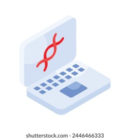 Isometric icon of dna analysis, dna inside laptop screen
